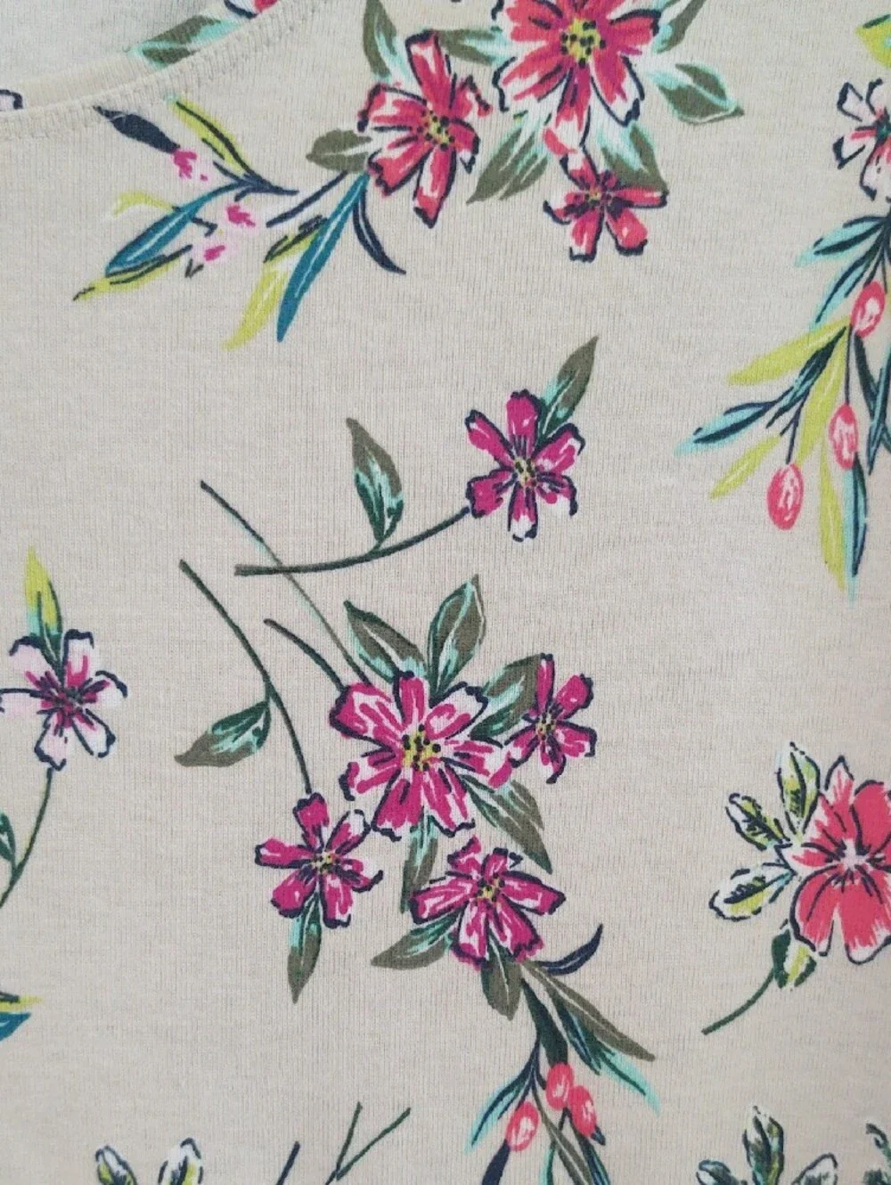 Time and Tru Cream Floral Short Sleeve Top with Pink & Green Accents- 3X